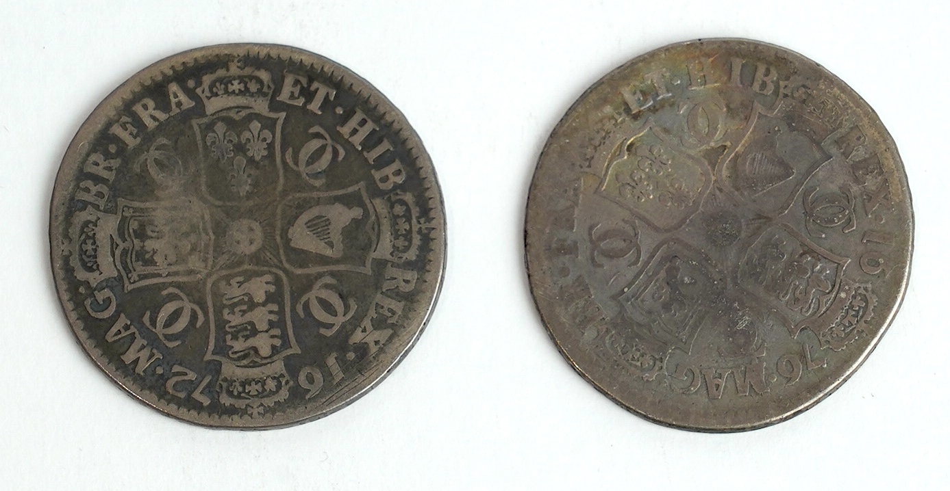 British silver coins, Charles II (1660-1685), two halfcrowns, 1672 (S3366) VG, and 1676 (S3367), VG or better (2)